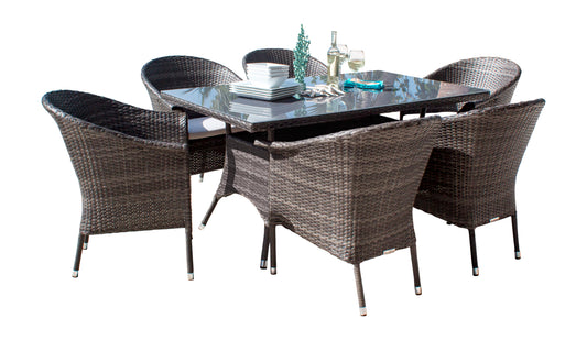 Hospitality Rattan Patio Ultra Gray 7-Piece Stackable Wicker Armchair Dining Set with Cushions