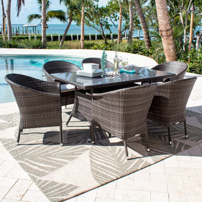 Hospitality Rattan Patio Ultra Gray 7-Piece Stackable Wicker Armchair Dining Set with Cushions